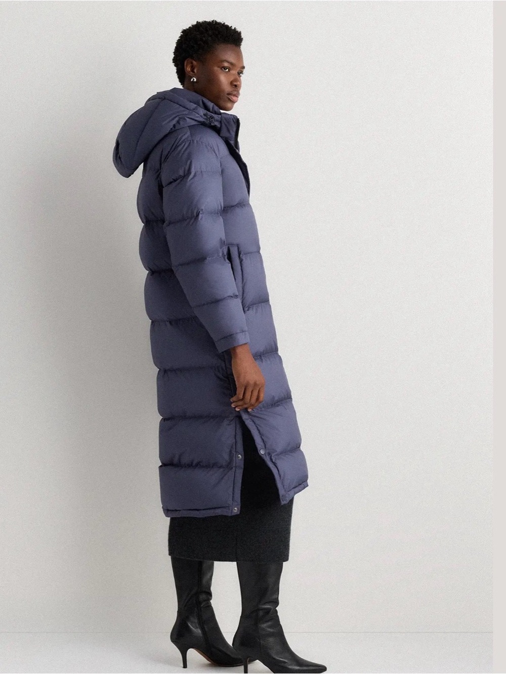 Quince (responsible down) Long Hooded Puffer Coat in Slate Blue